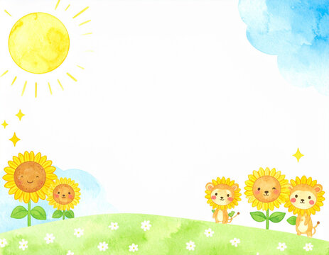 Cute Watercolor Sunflower and Lion Background for Kids