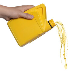 Man pouring motor oil from container on white background, closeup
