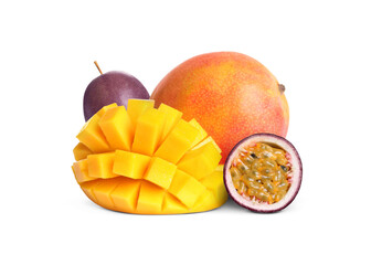 Naklejka na ściany i meble Sweet fresh mangos and passion fruits isolated on white