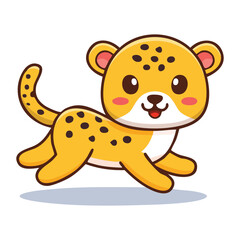 Fototapeta premium An endearing cartoon of a cute cheetah cub playfully prancing around. The cheetah features a bright yellow coat adorned with black spots, and has a cheerful smile