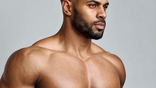 Handsome athletic man with muscular chest in profile looking ahead confidently, isolated on neutral background, showcasing fitness and strong physique