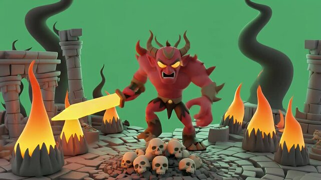 3D Render of Red Demon Character Attacking with a Glowing Sword Surrounded by Skulls and Flames in Front View Isolated on Green Screen