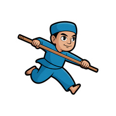 Boy Running with Stick Cartoon Illustration