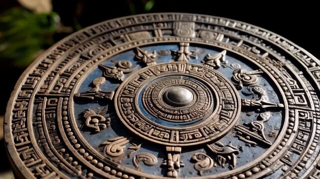 Detailed stone carving of a round zodiac dial featuring astrological symbols with intricate designs and textured surface in sunlight.