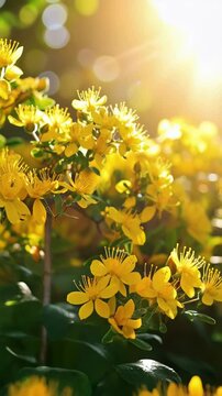 Bright vibrant yellow hypericum flowers blooming in a garden during warm sunny day, close-up shot