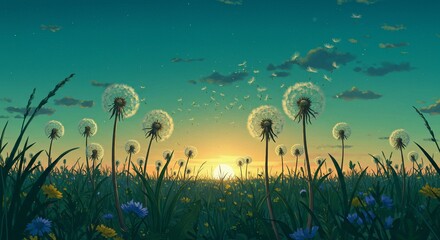 Naklejka premium Anime Style Dandelion Field at Sunset with Seeds Blowing in Wind