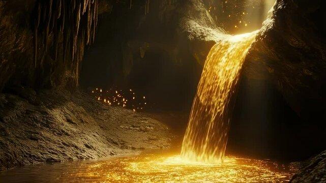 Golden waterfall flowing into a pool inside a dark cave, cinematic lighting