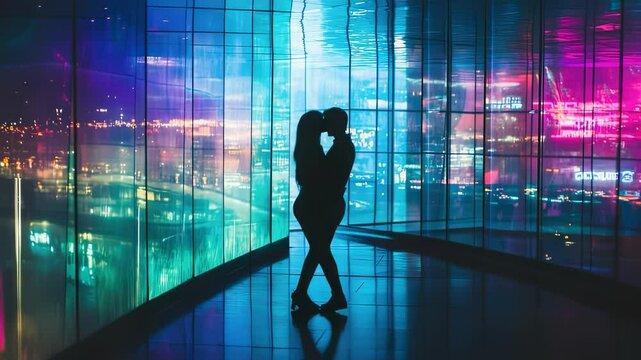 Silhouette of a couple embracing in a futuristic city setting with vibrant neon lights