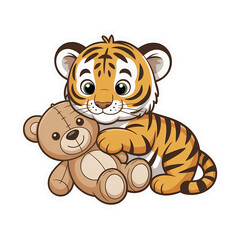 Cute Tiger Cub Hugging Teddy Bear