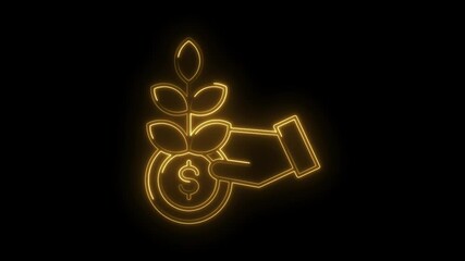 Neon investment growth concept shining illustration of money and plant symbol on dark backdrop