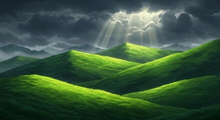 Anime Style Rolling Green Hills with Dramatic Sky and Sun Rays