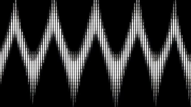 Abstract binary code waveform on black background, digital technology concept.