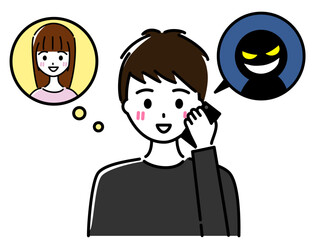 恋人の女性になりすました詐欺師と電話する若い男性（ロマンス詐欺）