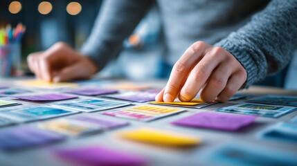 Fototapeta premium Aerial view of hands arranging goal and mission cards on a table, clean and modern B2B aesthetic for planning and strategy concepts