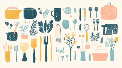 Colorful kitchenware and plants arranged in a decorative pattern.