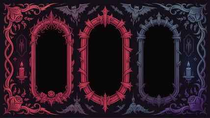 Gothic Fantasy Decorative Frames Set with Roses, Candles, Bats, and Ornate Borders for Halloween or Dark-Themed Designs