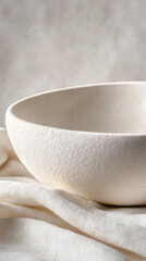Minimalist white ceramic bowl with textured surface on fabric