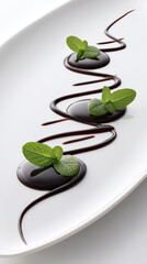 Chocolate sauce swirls with fresh green mint leaves on white plate
