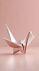 Origami crane paper art on soft pink background