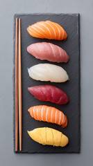Fresh sushi nigiri with chopstick on black slate plate