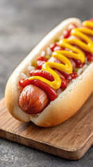 Hot dog with mustard, ketchup, and chopped onion on wooden board