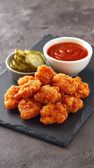 Crispy fried chicken nuggets served with pickles and sauce