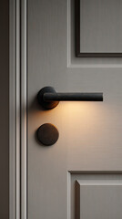 Modern black door handle with warm light on textured gray door