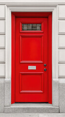 Red front door with window and mail slot on stone building