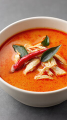 Spicy chicken soup with chili and fresh green leaves in bowl