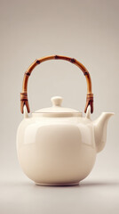 Cream ceramic teapot with bamboo handle on neutral background