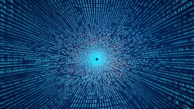 Futuristic digital binary code tunnel with blue glowing data stream background.