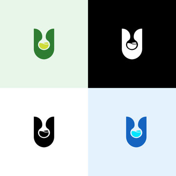 Flat modern logo of letter U with lab flask, symbolizing science, research, and innovation. Ideal for labs, education, pharmacy, or tech startups.