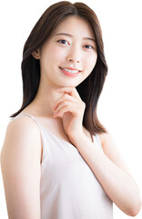 Fototapeta premium 美しい若い女性の素肌感が美しい健康的な笑顔で考える カメラ目線で元気な表情の背景透明pngの合成素材