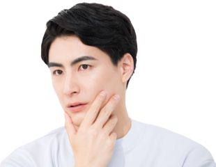 髭の脱毛やスキンケアをする若い男性　クローズアップ　背景透明pngの合成素材