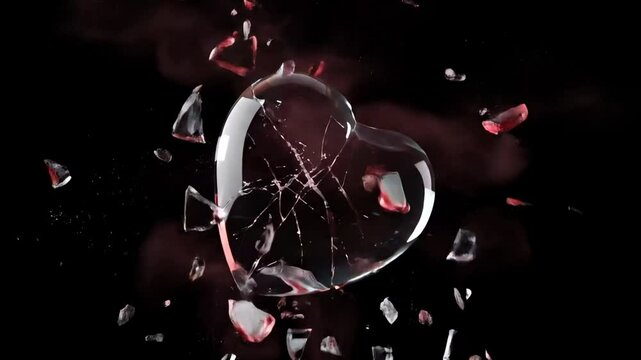 broken heart animation - A beautifully crafted crystal heart shape, reflecting light with intricate facets, set against a solid black background, ideal for romantic themes and gifts