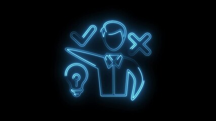 Neon light animation of a decision making business person isolated on black background