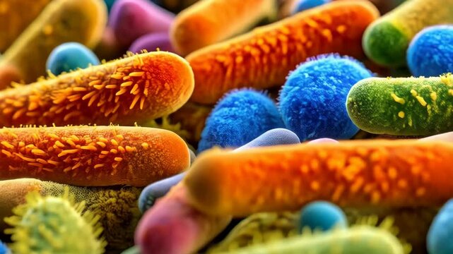Colorful microbial world, diverse bacteria and virus cells, magnified close up, scientific display of microorganisms and microbiology