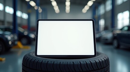 Tablet on a tire in a car service garage. Mock up, template for text, blank sheet for car service