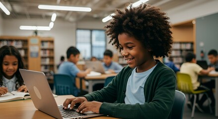 Portrait of African American school boy learning at a laptop in the school
