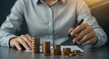 A businessman with money. A person analyzing financial growth with stacks of coins beside a laptop.
