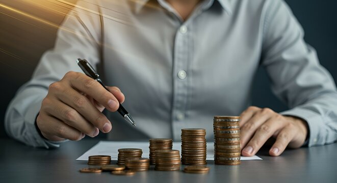 A businessman with money. A person analyzing financial growth with stacks of coins beside a laptop. - Powered by Adobe
