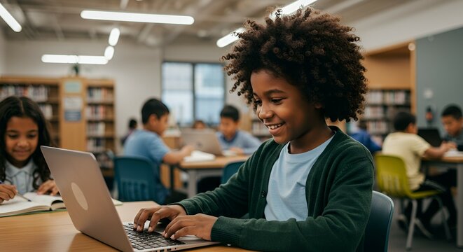 Portrait of African American school boy learning at a laptop in the school