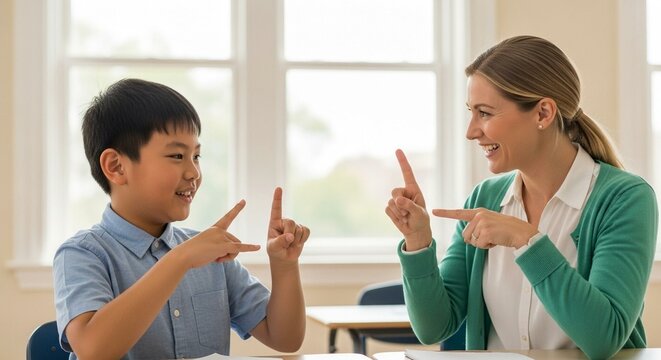 Hearing-Impaired Boy Learning Sign Language With Teacher in Classroom