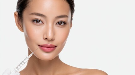 Obraz premium Asian woman receiving Botox treatment, enhancing her facial beauty with professional care. Procedure show growing trend of cosmetic procedures for maintaining youthful.