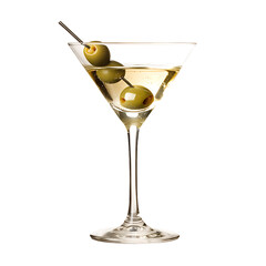 Classic Martini Cocktail with Green Olives in a Glass