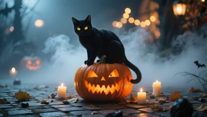 Naklejka premium A hauntingly enchanting Halloween scene featuring a black cat with piercing yellow eyes perched atop a carved pumpkin with glowing orange eyes and jagged teeth. Halloween, Halloween Costumes