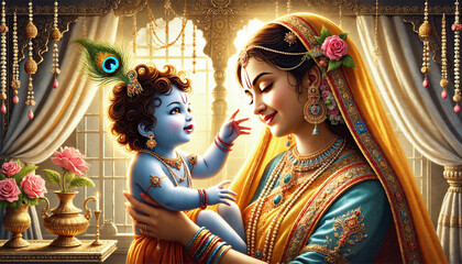 Krishna & Yashoda Maiya sharing a divine moment, celebrating the love of Krishna & Yashoda Maiya in a vibrant Krishna Janmashtami devotional masterpiece