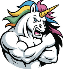 Muscular and Angry Unicorn with Rainbow Mane, Flexing Biceps, Symbolizing Strength and Mythical Power