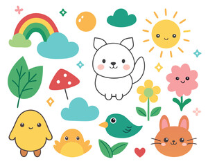Naklejka premium Adorable springtime vector illustration featuring cheerful animals rainbows and nature elements.