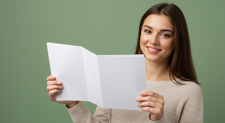 Smiling woman holding a blank white tri-fold brochure mockup